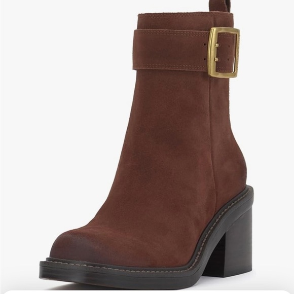 Vince Camuto Bembonie Stacked Heel Bootie Ankle Boot NWOB Size 6 8.5 Brown Suede - Picture 1 of 14